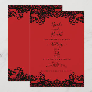 Convite Lace Preto e Vermelho Casamento Elegante