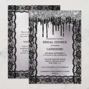 Convite Lace preto prateado brilho escuro moody luxurioso