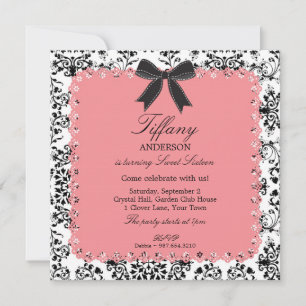 Convite Lace rosa & BW Damask com Arco Sweet 16