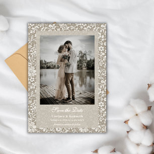 Convite Lace Rustica Foto Bege Casamento Save The Date 