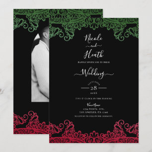 Convite Lace Verde e Vermelho Elegante Festa de Casamento 