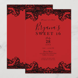 Convite Lace Vermelha e Preta Máscara de Festa Doce 16