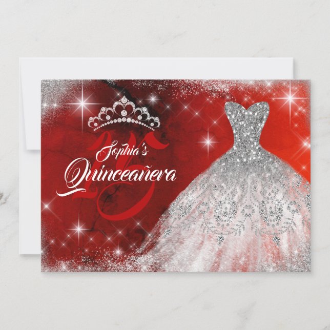Convite Lace Vermelho Silver Diamond Gown Tiara Quinceaner (Frente)