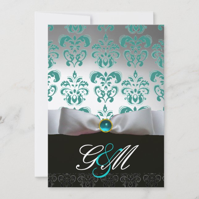 Convite LAÇO AZUL BRANCO  MONOGRAMA DE DAMASCO PRETO Champ (Frente)