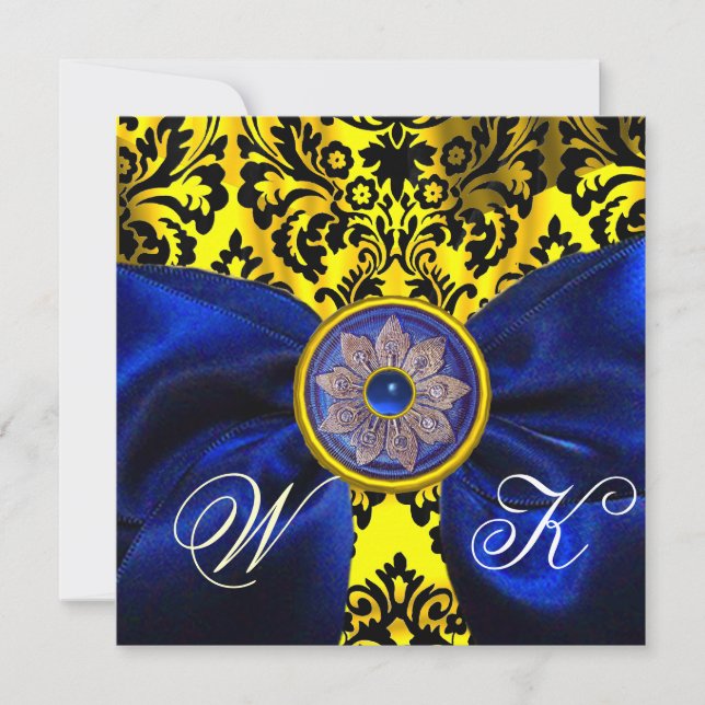 CONVITE LAÇO AZUL DOURADO AMARELO  PRETO  DAMASCO MONOGRAM (Frente)