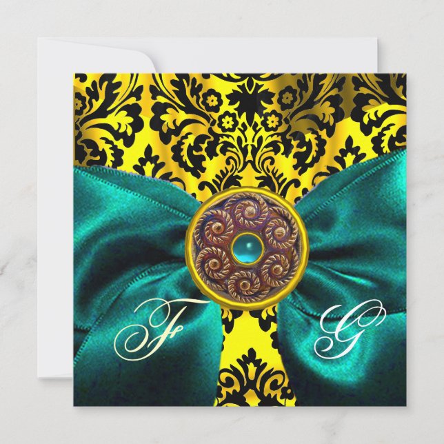Convite LAÇO AZUL Dourado Amarelo  Preto  DAMASCO MONOGRAM (Frente)