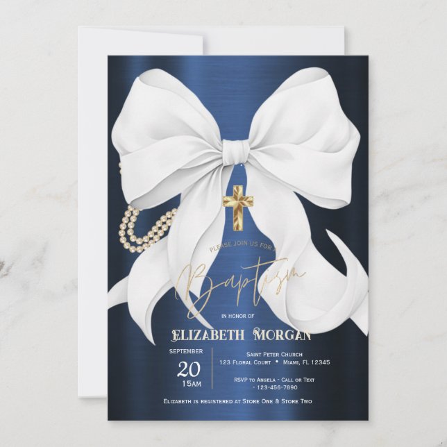 Convite Laço Branco Elegante Pérolas Azul Naval Metálico (Frente)