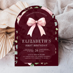 Convite Laço Coquete Floral Rosa Aniversário de Um Ano Bor