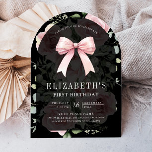 Convite Laço Coquete Floral Rosa para Primeiro Aniversário