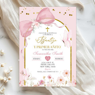 Convite Laço Coquete Rosa Corado Bautizo E Primer Anito