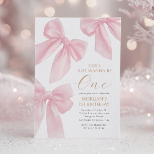 Convite Laço Cor-de-Rosa Coquete Primeiro Aniversário