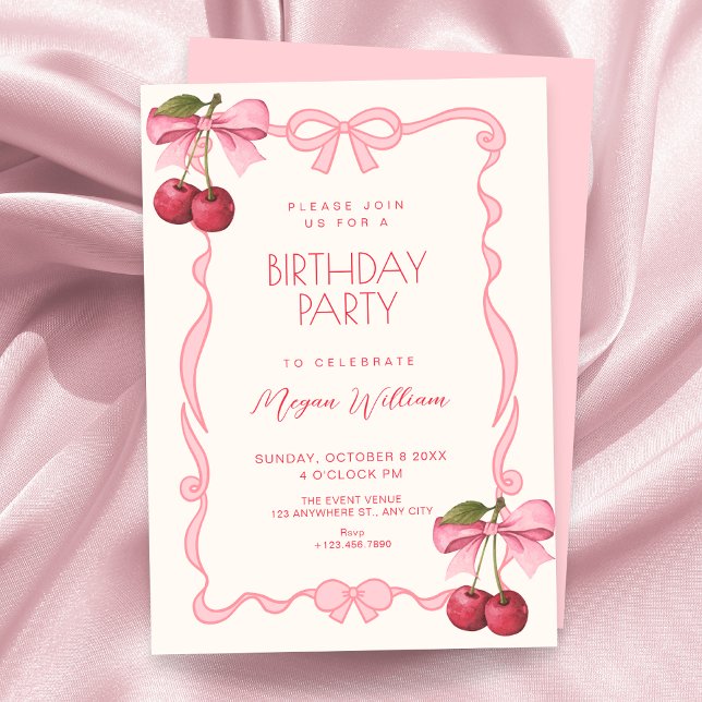 Convite Laço de arco rosa cereja de aniversário (Criador carregado)