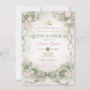 Convite Laço de arco rosa e sage Quinceañera Anos de idade