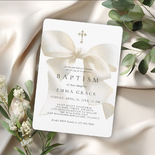Convite Laço de Batismo de Menina Elegante Marfim