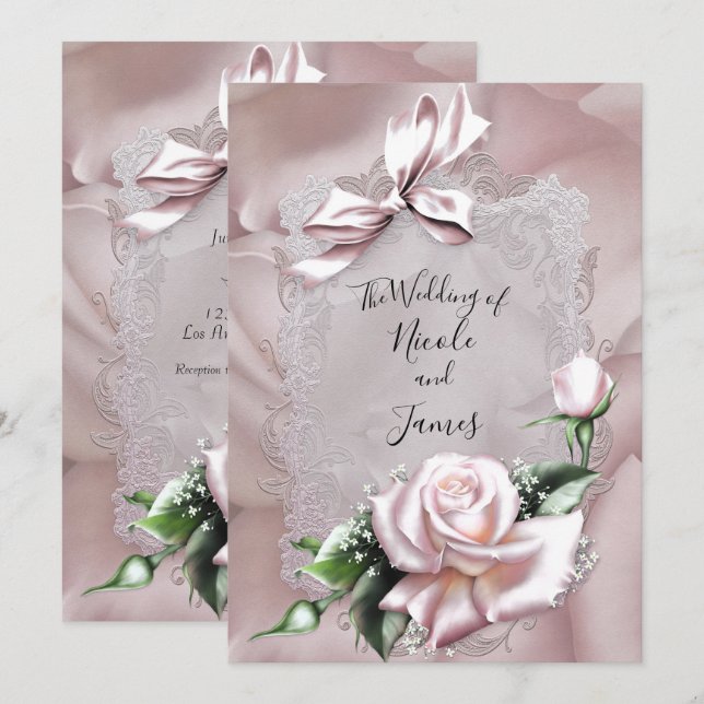 Convite Laço de cetim rosa e rosa romântico casamento (Frente/Verso)