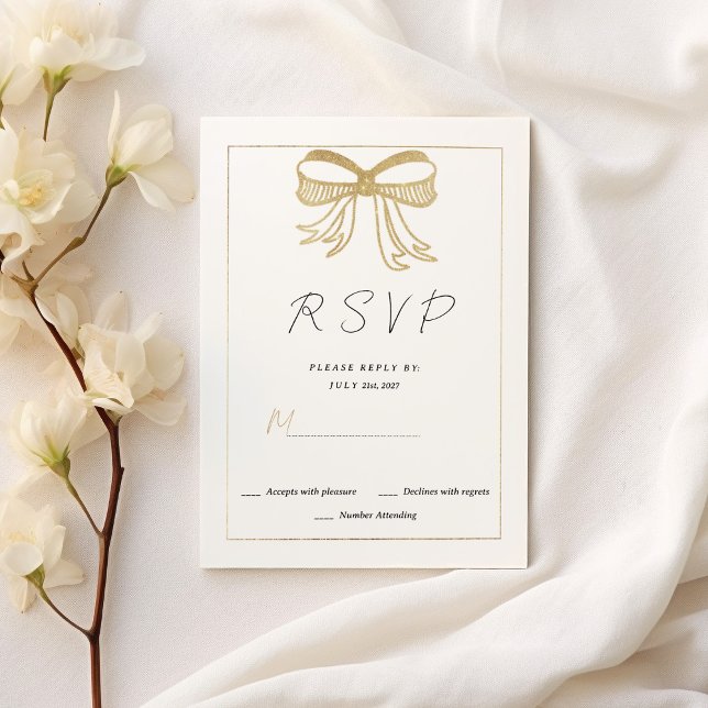 Convite Laço de fita com brilho em ouro branco simples RSV (Simple white gold glitter bow ribbon RSVP)