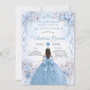 Convite Laço de Fita Floral Azul Empoeirado Quinceañera An
