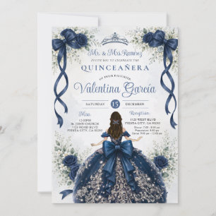 Convite Laço de Fita Floral Azul Marinho Quinceañera Anive