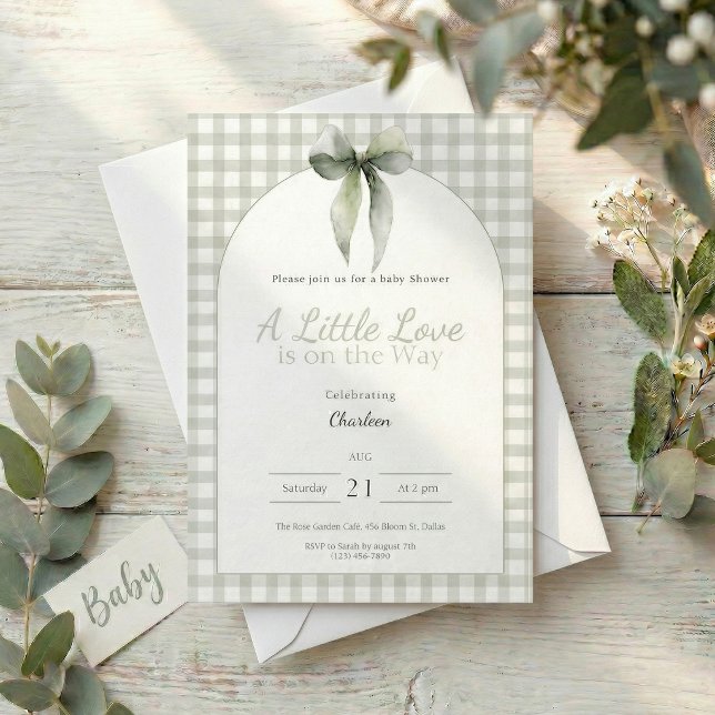 Convite Laço de Ginga Verde Oliva no Chá de Bebê (Sage green ginghan bow baby shower invitation )