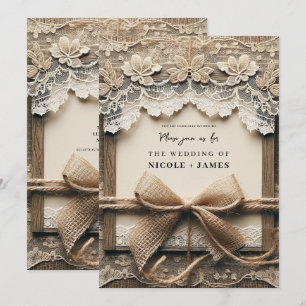 Convite Laço de juta com renda floral vintage para casamen