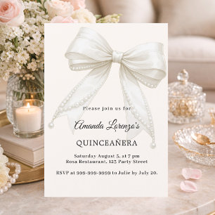 Convite Laço de quinceanera marfim creme pérolas elegante