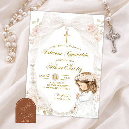 Convite Laço de Renda Marfim Pérola Menina Ajoelhada Comun