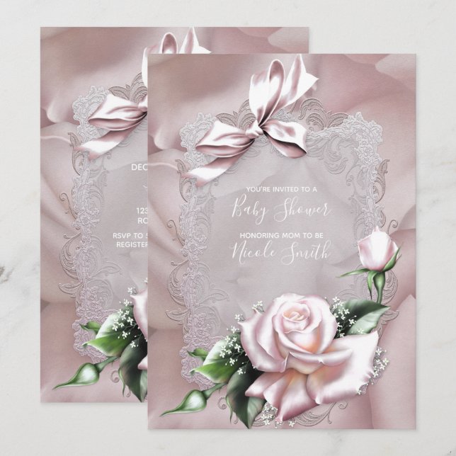Convite Laço de Seda Rosa e Bebê Shower com Renda de Rosa (Frente/Verso)