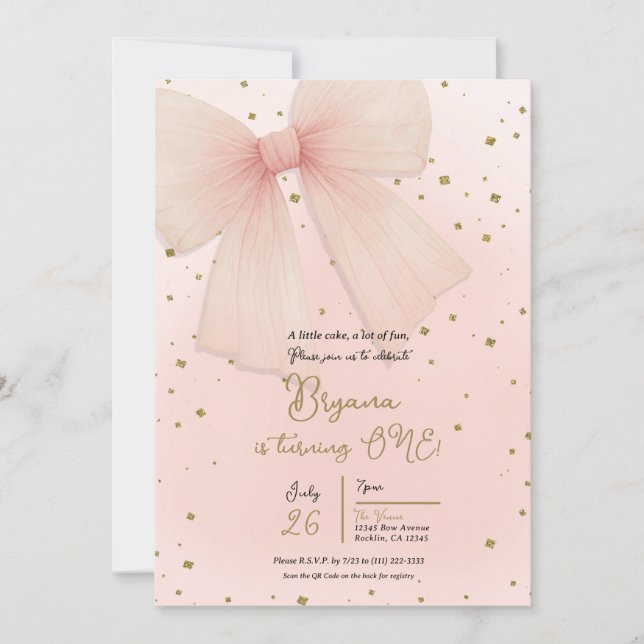 Convite Laço de Tule Rosa Bonito e Confetes Dourados Anive (Frente)
