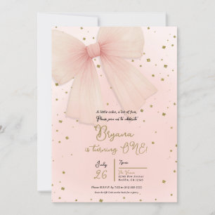 Convite Laço de Tule Rosa Bonito e Confetes Dourados Anive