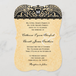 Convite Laço Dourado e casamento tema damasco preto V08 do