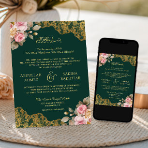 Convite Laço Dourado Floral Rosa Verde Esmeralda Casamento