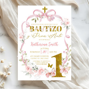 Convite Laço Floral Rosa Borboleta Coquette Batismo Espanh