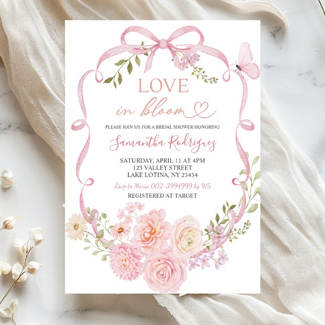 Convite Laço Floral Rosa Coquette Amor em flor (Criador carregado)