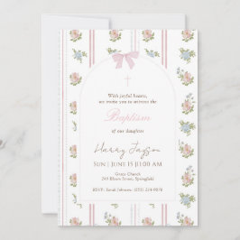Convite Laço Floral Rosa Elegante Batismo Menina Cristã