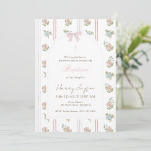 Convite Laço Floral Rosa Elegante Batismo Menina Cristã