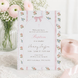 Convite Laço Floral Rosa Elegante Batismo Menina Cristã
