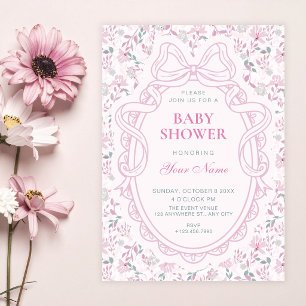 Convite Laço floral rosa suave baby shower