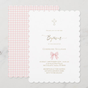 Convite laço gingham rosa pequeno   Batismo