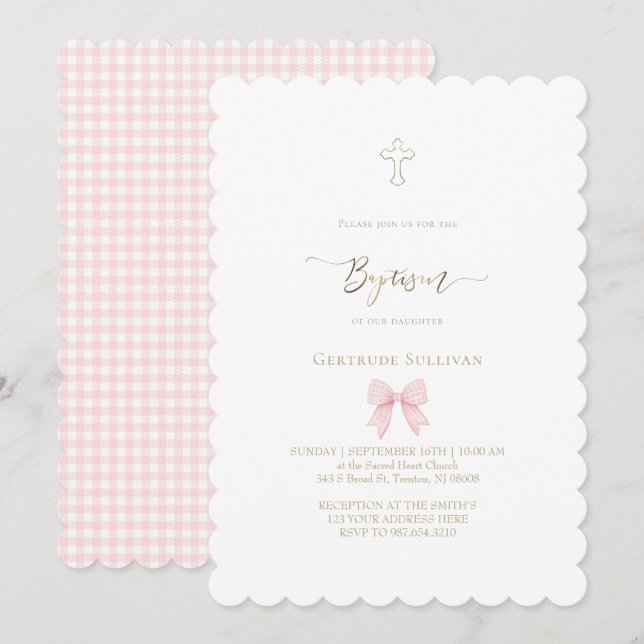 Convite laço gingham rosa pequeno | Batismo (Frente/Verso)