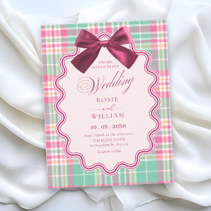 Convite Laço magenta e um casamento xadrez rosa