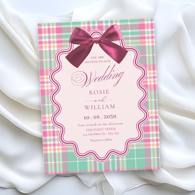 Convite Laço magenta e um casamento xadrez rosa (Criador carregado)