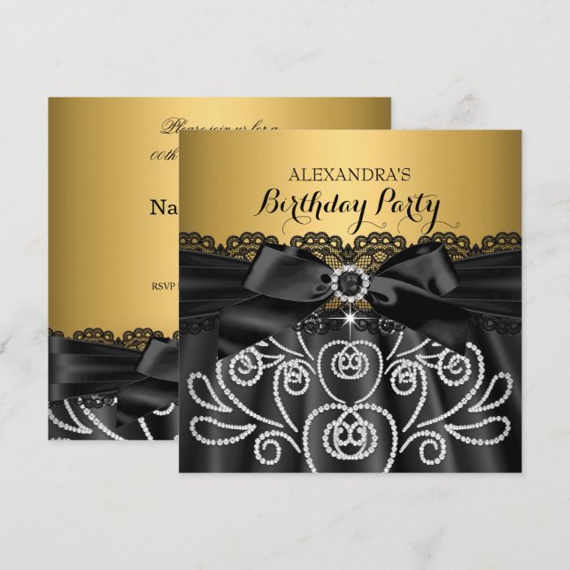 Convite Laço Preto Dourado com Diamante Falso para Festa d (Frente/Verso)
