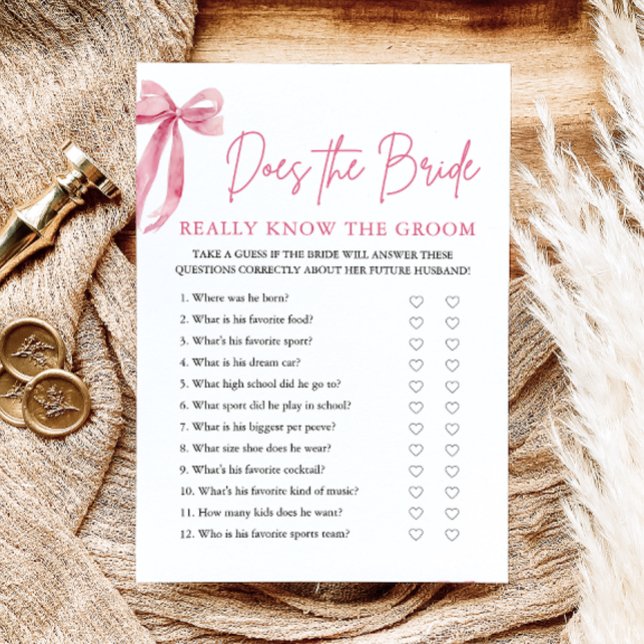 Convite Laço Rosa A Noiva Realmente Conhece O Jogo Do Noiv (Pink Bow Does The Bride Really Know The Groom Game )