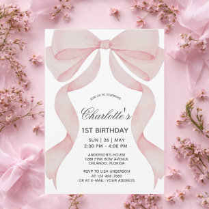 Convite Laço Rosa Aniversário de 1 ano Menina Prim