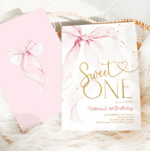 Convite Laço Rosa Aniversário de 1 ano Sweet One Coguette