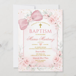 Convite Laço Rosa Bege Coquette Sagrado Batismo para Menin