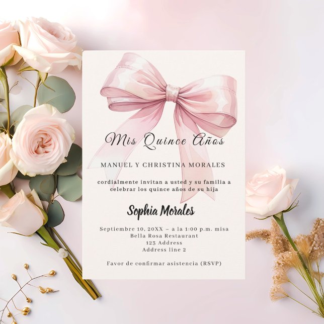 Convite Laço rosa creme elegante Quinceanera (Criador carregado)