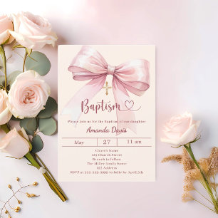 Convite Laço rosa creme menina elegante Batismo
