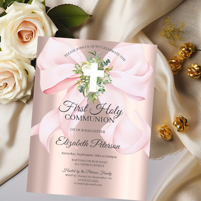 Convite Laço Rosa Cruz Folhas Primeira Comunhão  (Criador carregado)