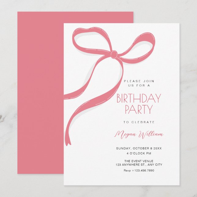 Convite Laço rosa de aniversário (Frente/Verso)